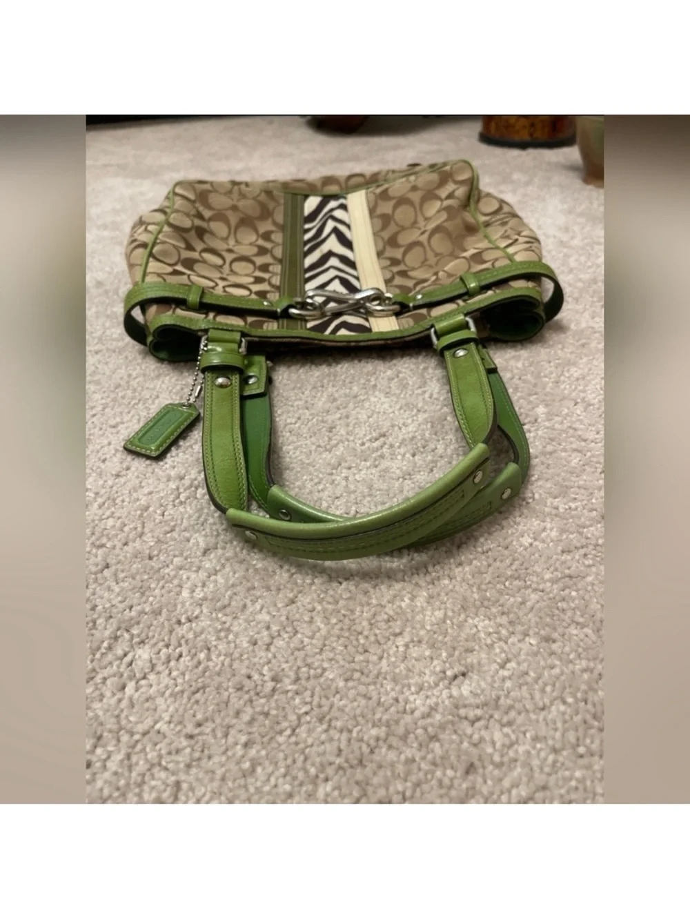 Coach Beige Signature Canvas Tote with Green Trim and Zebra Stripe